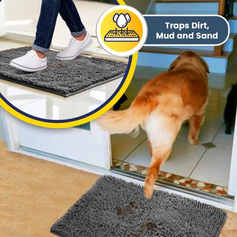 Muddy Matยฎ | Super Absorbent Door Mat Indoor, Microfiber Quick Dry Chenille Entryway Rug, Non-Slip Front Door Mat, Indoor Mats for Entryway, Machine Washable Pet Rug, Grey 30"x19"